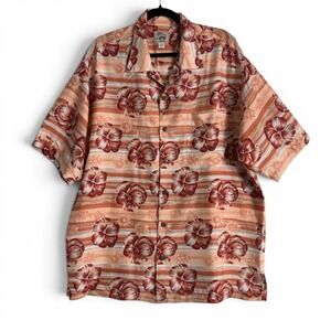 Red Turtle Silk Hawaiian Aloha Camp Shirt Sunset Floral Mens Large Tropical